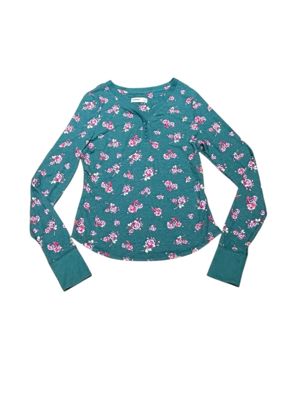 Sonoma‎ Teal Long-Sleeve Henley Waffle Top with Pink Floral Print, Size S
